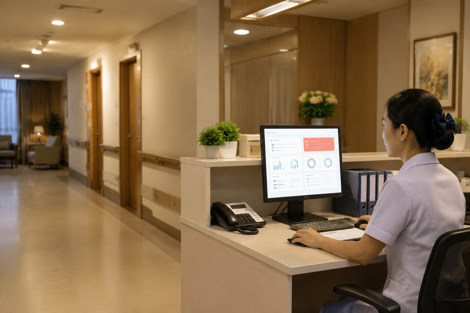 养老院值班人员在护理站查看异常提醒
